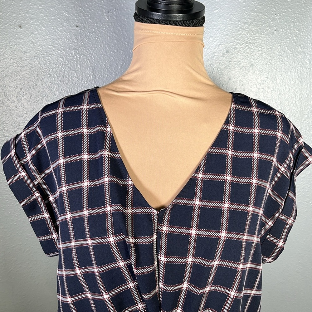 navy blue plaid twist front short sleeve blouse sz M picniccore fall casual - Picture 5 of 12